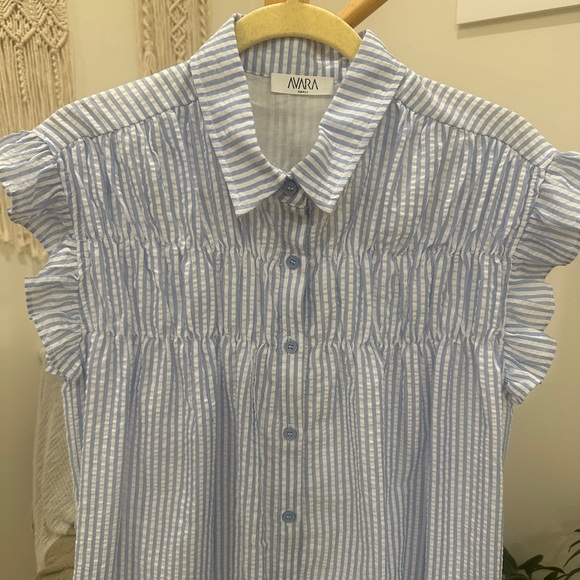 Avara Blue & White Stripe Sleeveless Cotton Button Front Shirt Dress Size Small - Picture 3 of 5